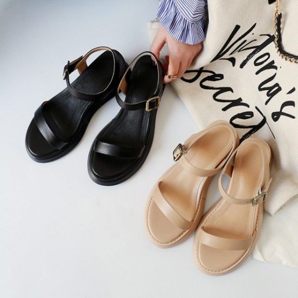 Roman Style Simple Word With Female Sandals Open Toe Leather Port Taste Flat Belt Buckle Platform Wedge Shoes