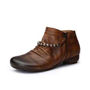 SOCOFY Bead Chain Double Zipper Leather Soft Flat Brown Shoes