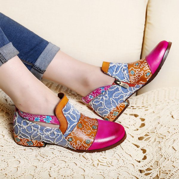 SOCOFY Bohemian Clouds Pattern Flowers Leather Stitching Comfy Zipper Flat Shoes