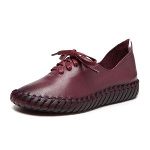 SOCOFY Casual Lace Up Splicing Leather Soft Flat Shoes