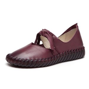 SOCOFY Casual Tassel Bowknot Stitching Leather Soft Flat Shoes