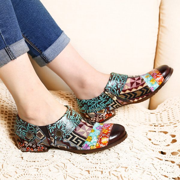 SOCOFY Colorful Flowers Geometric Pattern Stitching Comfy Flat Shoes For Women