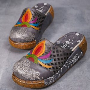 SOCOFY Colorful Pattern Hollow Out Bakcless Slip On Flower Shoes