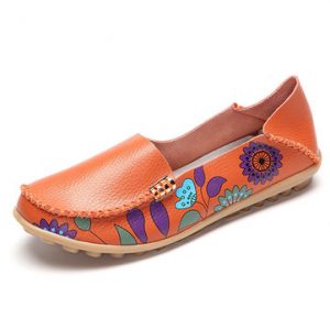 SOCOFY Flower Print Soft Comfortable Flat Leather Lazy Slippers Shoes