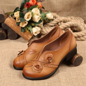 SOCOFY Flower Retro Mid Heel Original Folkways Handmade Shoes