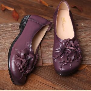 SOCOFY Flower Tassel Soft Leather Slip On Flat Casual Vintage Shoes