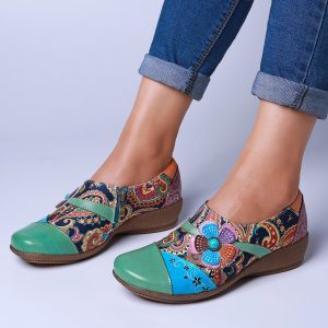 SOCOFY Folkways Floral Pattern Genuine Leather Splicing Jacquard Comfortable Zipper Flat Shoes