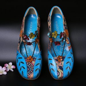 SOCOFY Folkways Pattern Genuine Leather Splicing Jacquard Comfortable Elastic Band Flat Shoes