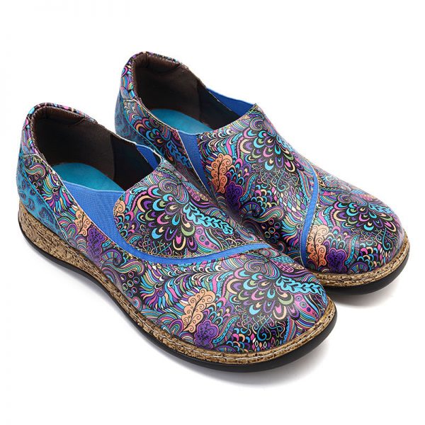 SOCOFY Folkways Pattern Splicing Elastic Band Soft Stitching Slip On Flat Shoes