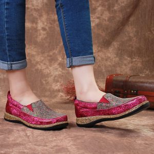 SOCOFY Folkways Pattern Splicing Genuine Leather Stitching Elastic Band Slip On Flat Shoes