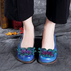 SOCOFY Handmade Leather Fantastic Forest Printing Pattern Casual Low Heel Shoes