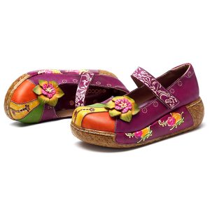 SOCOFY New Printing Splicing Handmade Flower Flat Leather Shoes