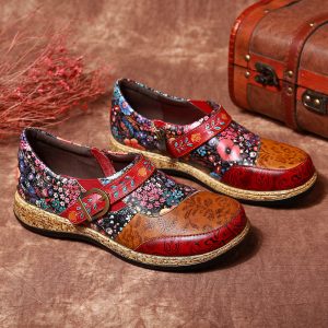 SOCOFY Retro Buckle Fancy Flowers Splicing Genuine Leather Stitching Zipper Comfortable Flat Shoes