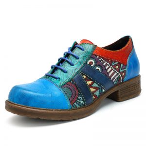 SOCOFY Retro Casual Jacquard Splicing Lace Up Flat Leather Shoes