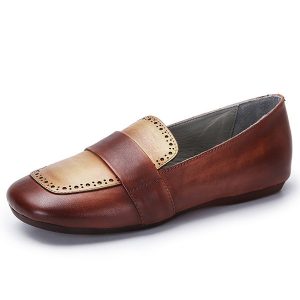 SOCOFY Retro Casual Splicing Stripe Pattern Soft Flat Leather Shoes