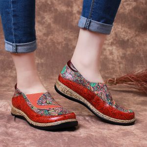 SOCOFY Retro Fancy Pattern Genuine Leather Splicing Elastic Band Stitching Slip On Flat Shoes