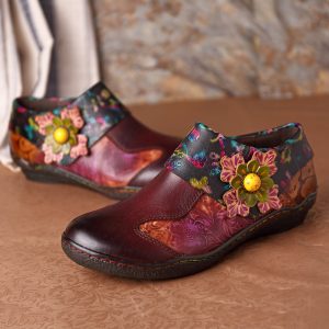 SOCOFY Retro Hand Painted Floral Splicing Pattern Zipper Flat Leather Shoes For Women