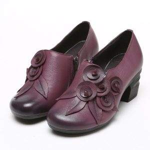 SOCOFY Retro Handmade Floral Leather Mid Heel Shoes