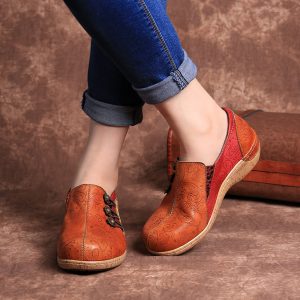 SOCOFY Retro Pattern Genuine Leather Splicing Stitching Comfortable Slip On Buckle Flat Shoes