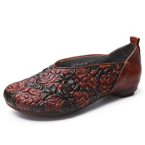 SOCOFY Retro Pringting Rose Pattern Soft Flat Leather Shoes