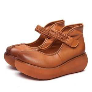 SOCOFY Retro Round Toe Hook Loop Platform Soft Leather Shoes