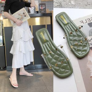 Sandals And Slippers Women Wear Season New Wild Rivets Transparent Word Flat Non-slip Beach Shoes