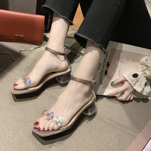 Season Crystal Thick With A Word Buckle Open Toe Sandals Women's Head Flowers With Transparent Women's Shoes