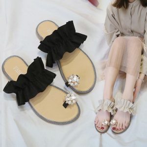 Season Female Sandals Flowers Set Toe Sandals And Slippers Flat Lace Beach Shoes