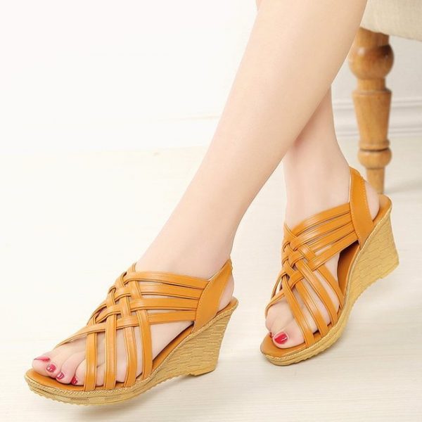 Season Women's Shoes New Fish Mouth Wedge Sandals Women's Cross Straps Elastic Feet Roman Shoes Women