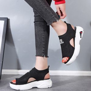 Seasonal Sponge Cake With Flying Woven Casual Sandals Female Hollow Breathable Hole Shoes Thick Bottom One Foot Women's