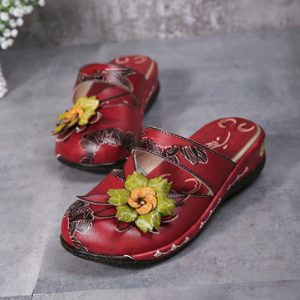 Socofy Flower Hollow Out Backless Strappy Flat Leather Shoes