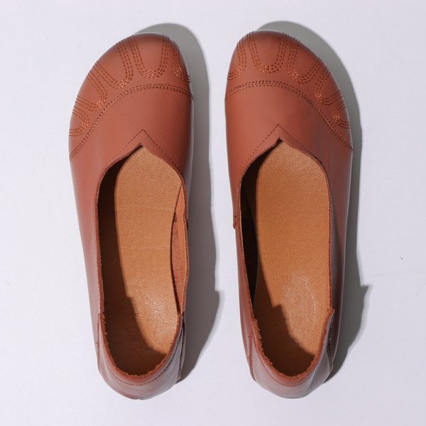 Solid Color Stitching Leather Slip On V Shape Casual Flat Shoes