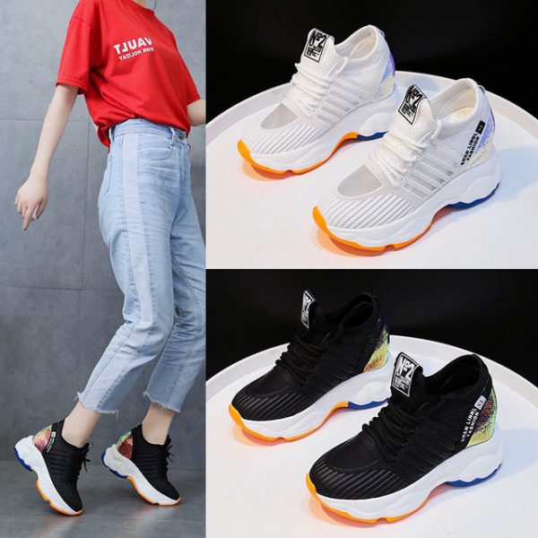 Sports Shoes Women's New Season Casual Increase In The Old Shoes Women's Thick-soled Breathable Flying Mesh Shoes