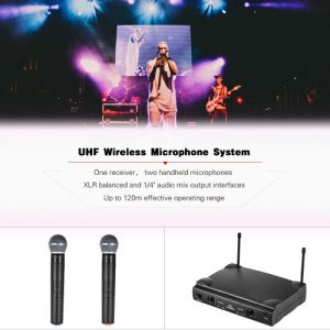 UHF Dual Channels Wireless Microphone Mic System with 1 Receiver 2 Handheld Microphones 6.35mm Audio Cable Power Adapter for Karaoke Meeting Party