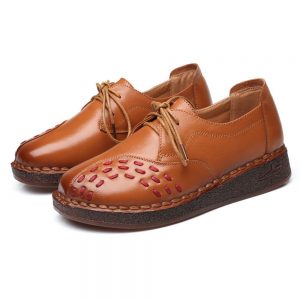 Vintage Genuine Leather Soft Sole Stitching Lace Up Comfy Flat Shoes