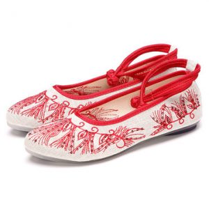 White Canvas Embroidered Pattern Casual Retro Flat Shoes