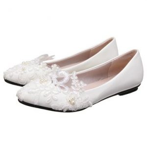 White Lace Wedding Flower Pointed Toe Slip On Flat High Heel Shoes