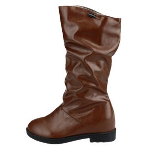 Winter Women Boots PU Leather Round Toe Concealed Wedge Heel Mid Calf Slouch Shoes Black/Brown