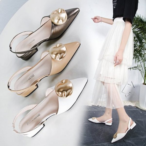 With A Word Buckle With Hollow Single Shoes Baotou Sandals Female Pointed Thick With High Heels New Women's Shoes