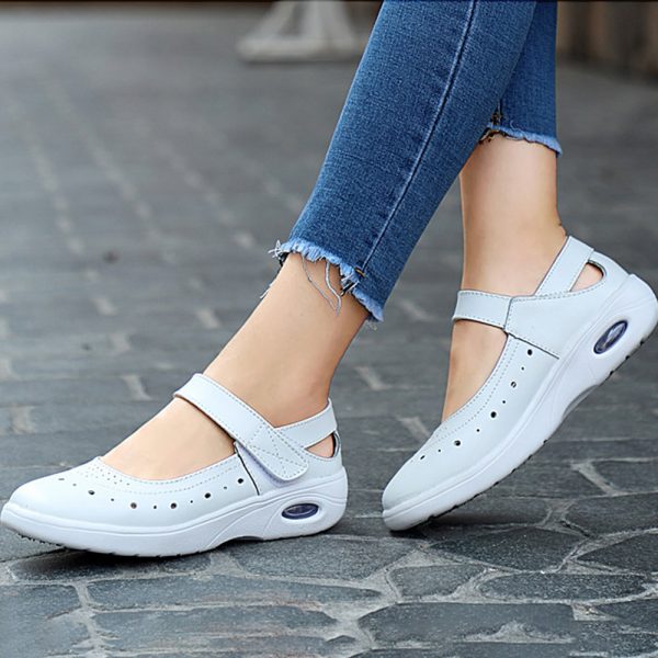 Women Casual Breathable Hollow Leather Nurses Hook Loop Flats Shoes