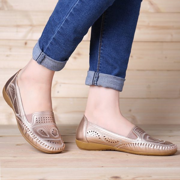 Women Casual Breathable Soft Solid Color Hollow Flat Shoes