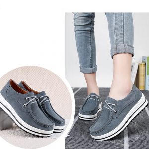 Women Casual Cow Leather Suede Solid Color Lace Up Flat Boat Shoes