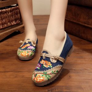 Women Casual Folkways Lightweight Flower Embroidered Cotton Flat Shoes