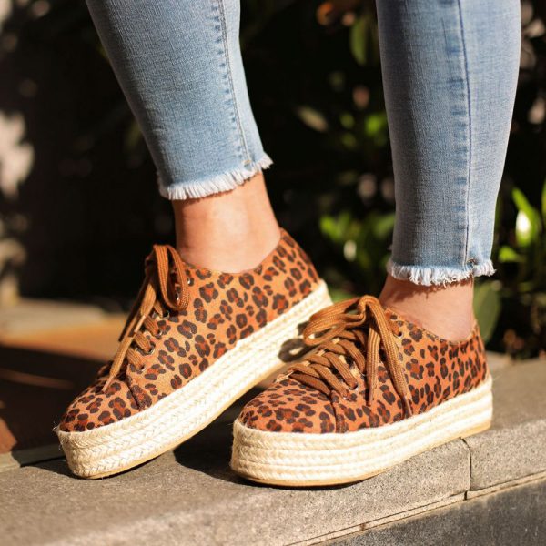 Women Casual Leopard Straw Lace Up Platform Flat Shoes