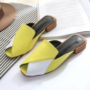 Women Casual Mules Shoes Splicing Peep Toe Chunky Heel Baclkless Sandals