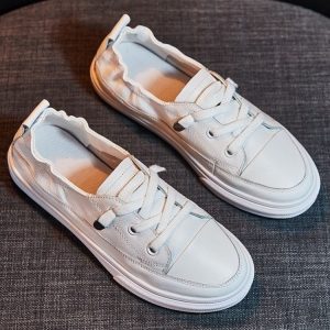 Women Casual PU Leather Lace Up White Flat Shoes