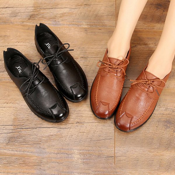 Women Casual Soft Comfy Microfiber Lace Up Flat Mother Shoes