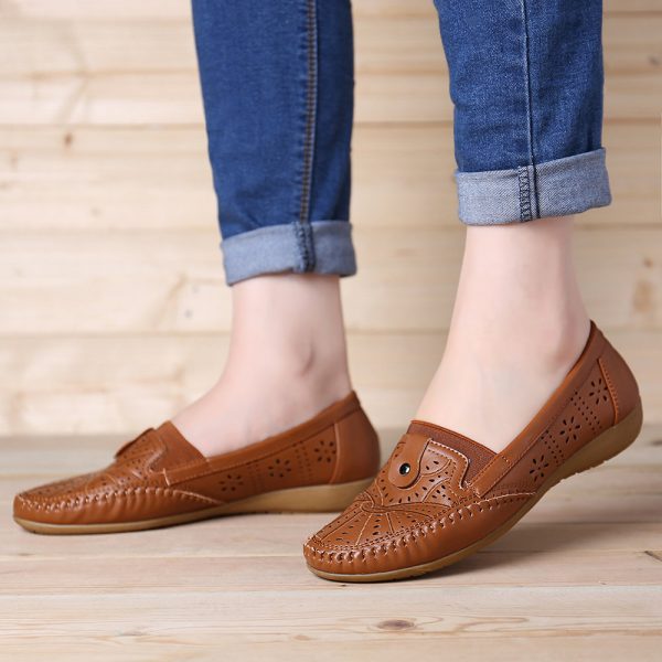 Women Casual Soft Leather Hollow Slip On Black Flats Shoes