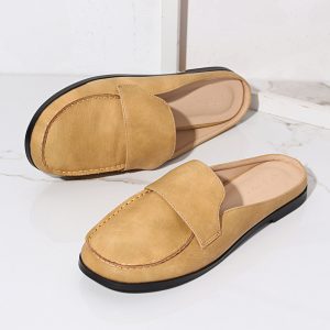 Women Comfortable Mules Solid Color Round Toe Backless Flats Shoes