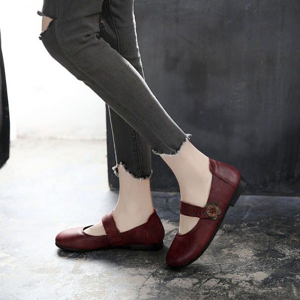 Women Comfy Cow Leather Buckle Antiskid Flats Shoes